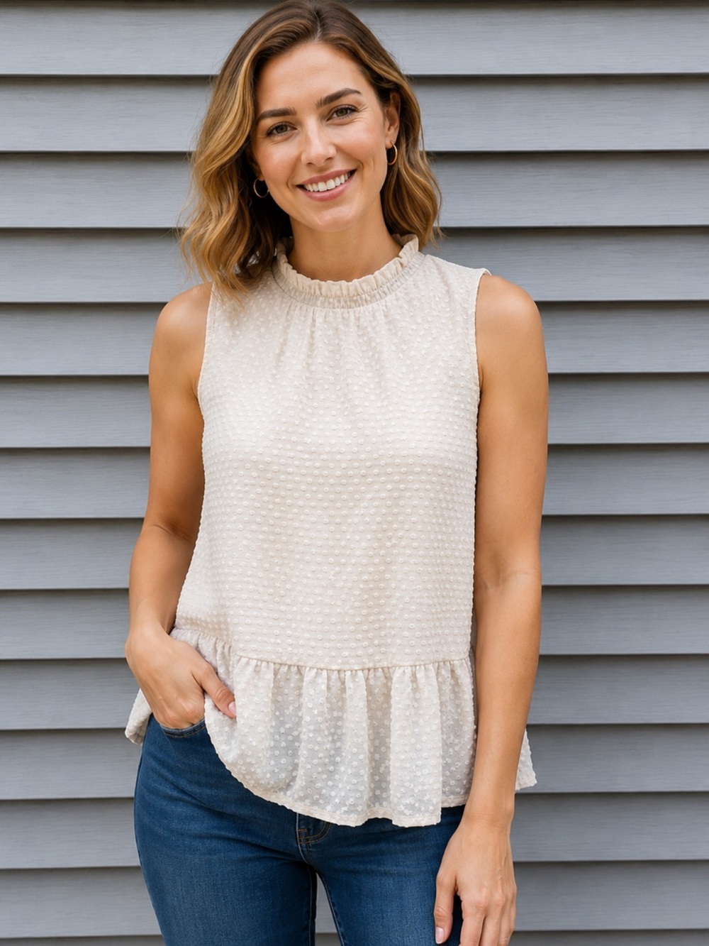 Staccato Cream Ruffled Neck Sleeveless Peplum Camisole